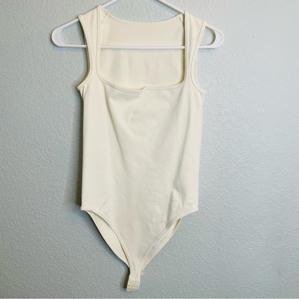 Cream Square Neck Neutral Minimalist Stretchy Bodycon Bodysuit | XL - Picture 3 of 4